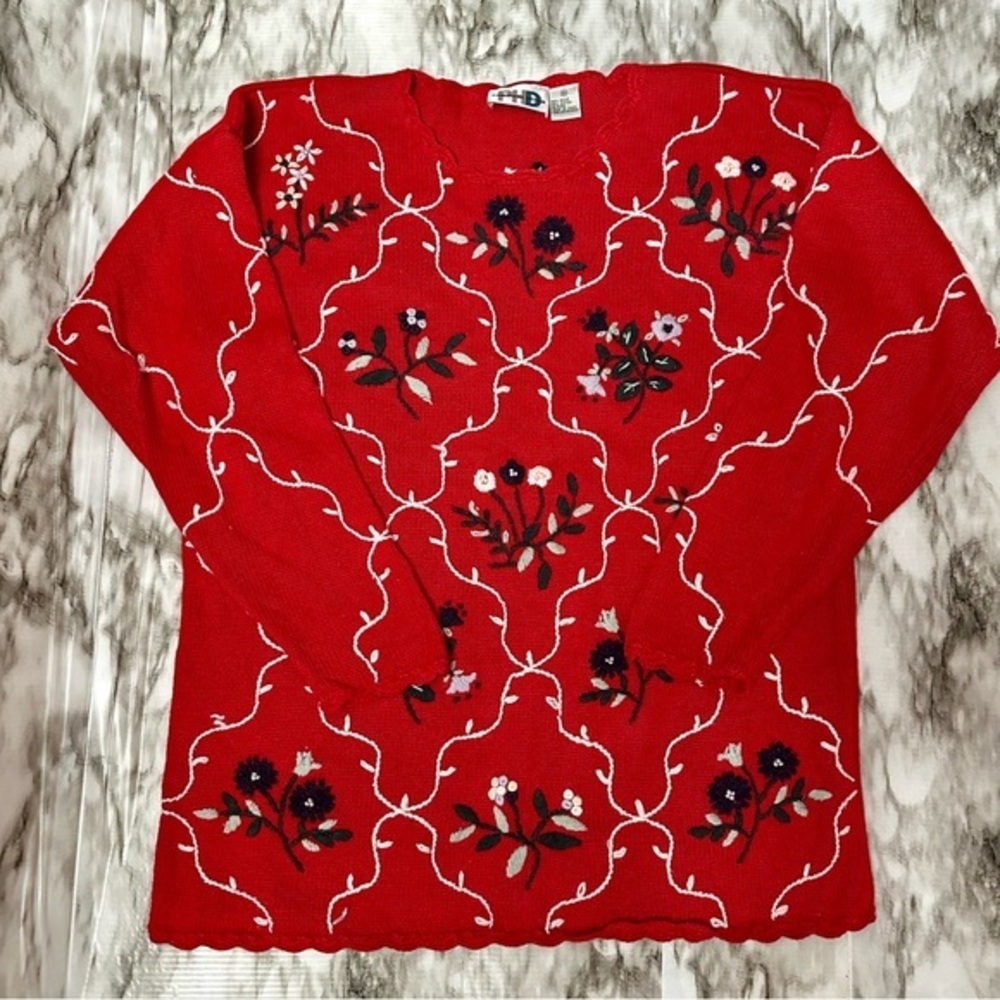 Paul Harris Designs Vintage Embroidered Red Tunic Sweater Cottagecore 80s Size M